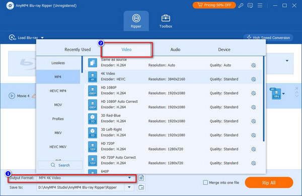 Bluray Ripper-uitvoerformaatinstelling