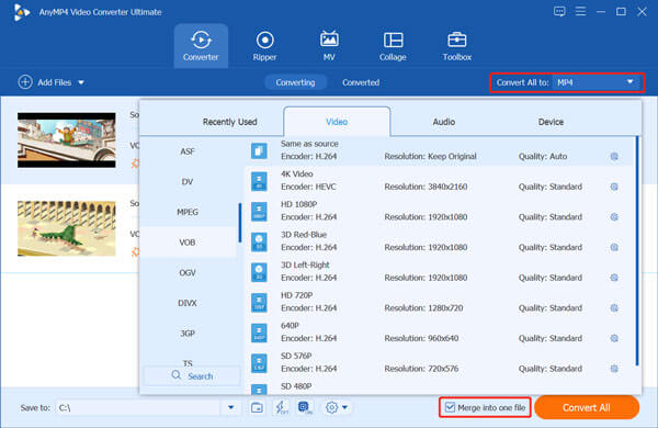 Merge VOB Files into One Select Output Format