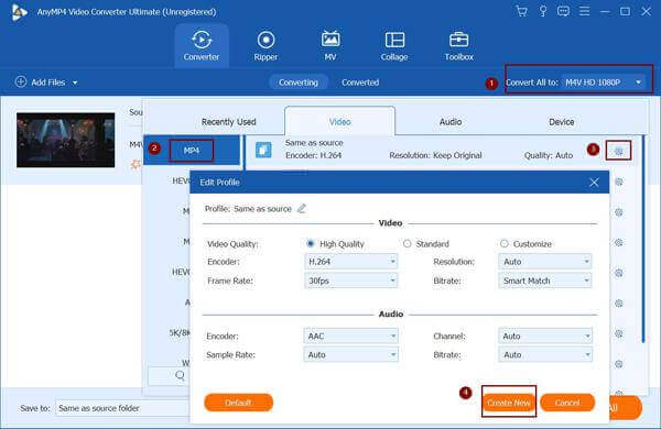 Escolha o formato MP4 e ajuste as configurações