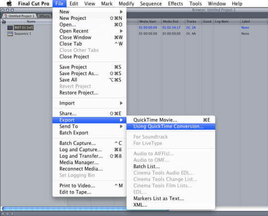 Menu Exportar para exportar Final Cut Pro para MP4