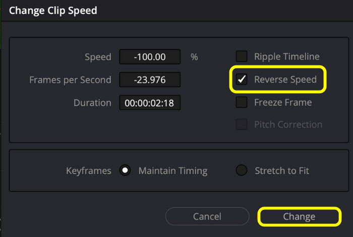 Modifier l'option de vitesse du clip