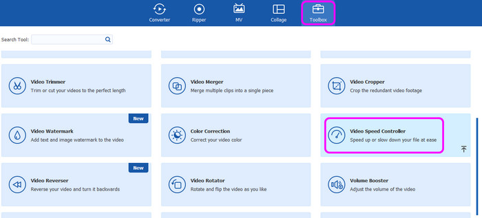 Toolbox-menu voor videosnelheidsregelaar