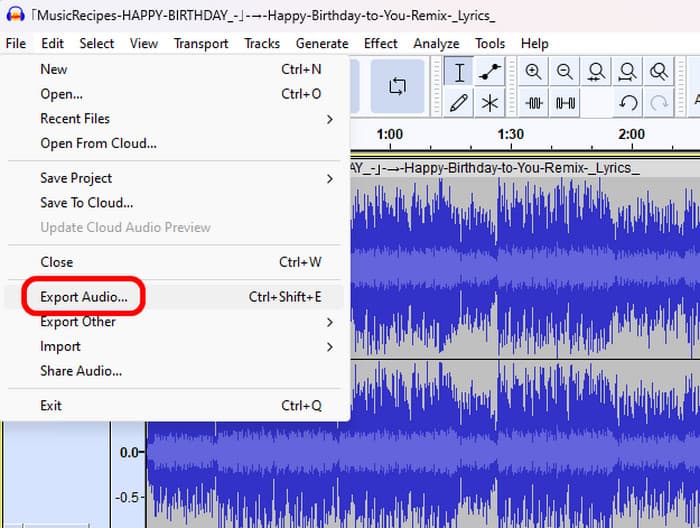 Audio Audacity'yi Dışa Aktar'a tıklayın