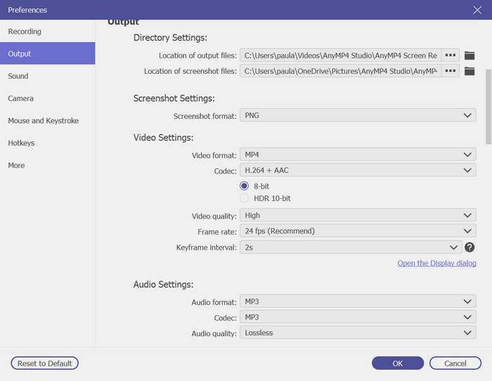 Configuración de salida del grabador de pantalla