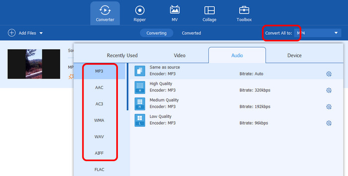 Sélectionnez le format audio