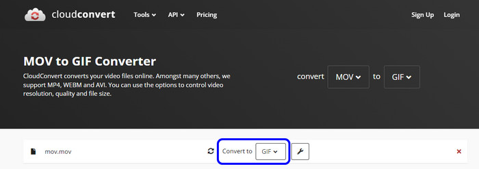 Выберите формат GIF Cloudconvert