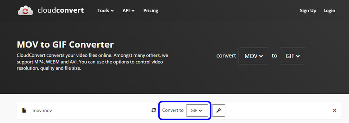 Seleccione formato Gif Cloudconvert