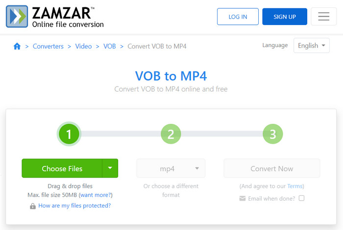 Zamzar Télécharger les fichiers VOB Format de sortie Convertir