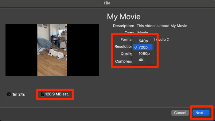 iMovie Export felbontás minősége