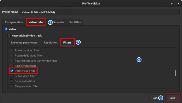 Vlc Ρύθμιση κωδικοποιητή βίντεο Περιστροφή φίλτρου βίντεο Αποθήκευση