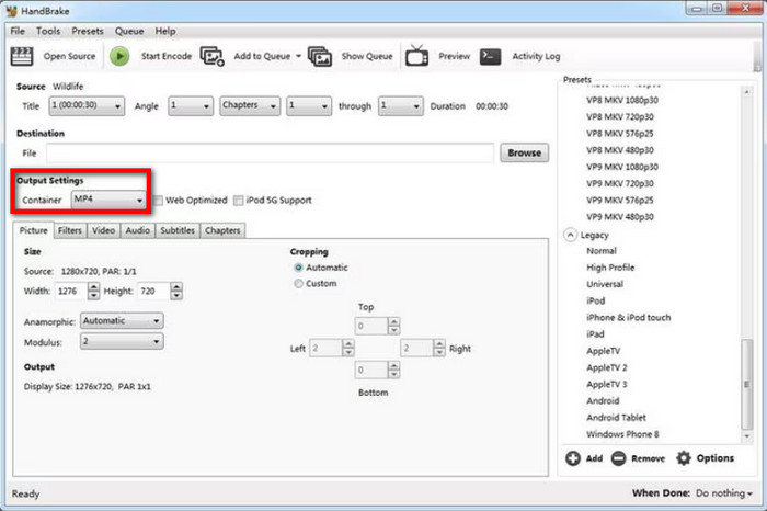 Paramètres de qualité de résolution du format de sortie de Handbrake