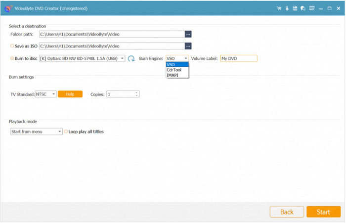 Videobyte Dvd Creator Save As iso Start