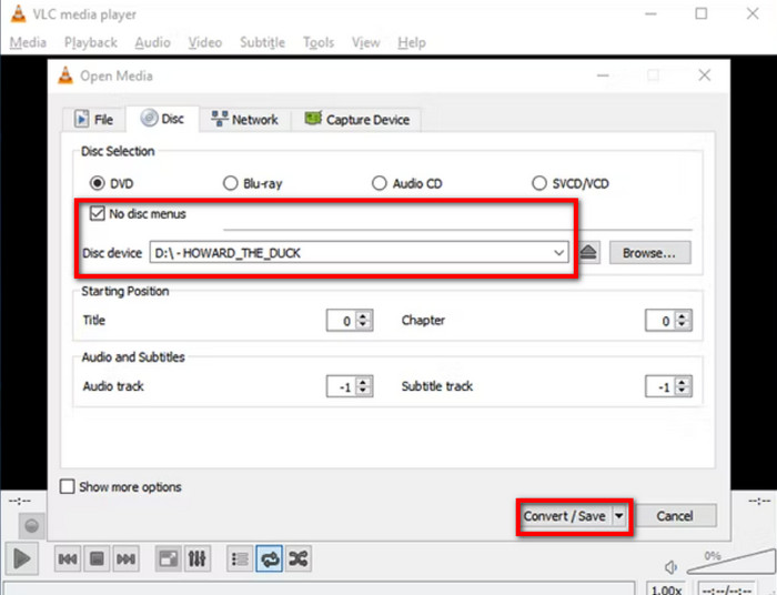vlc Disc Device no Disc Menuspozycja początkowa Konwertuj Zapisz