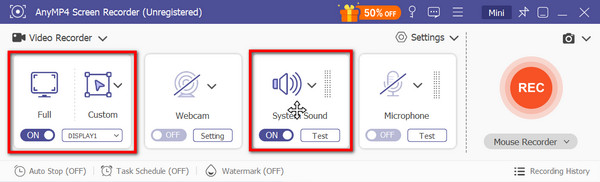 Registratore schermo Dimensioni personalizzate Sistema audio