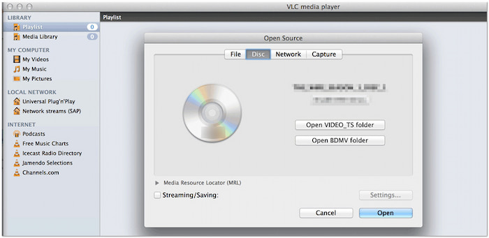 Открыть диск на VLC
